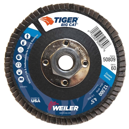 Weiler 4-1/2" Big Cat Abrasive Flap Disc, Flat (TY27), 60Z, 5/8"-11 UNC 50809